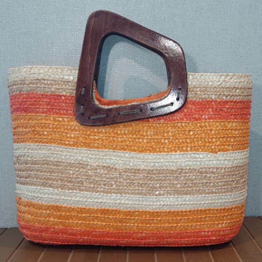 Sun N' Sand Multi-Color Orange Wicker Basket Bag with Brown Wood Handles